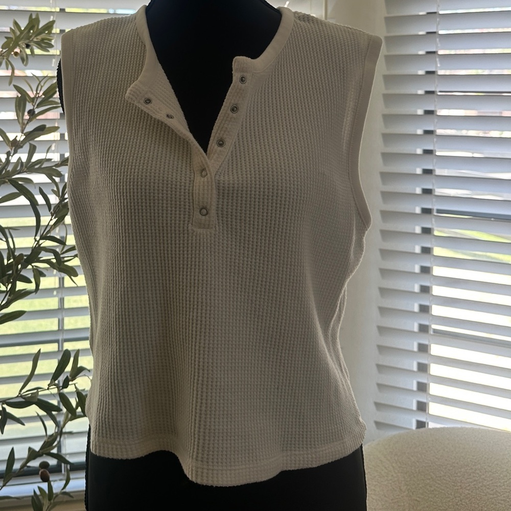 Sleeveless White Henley Top